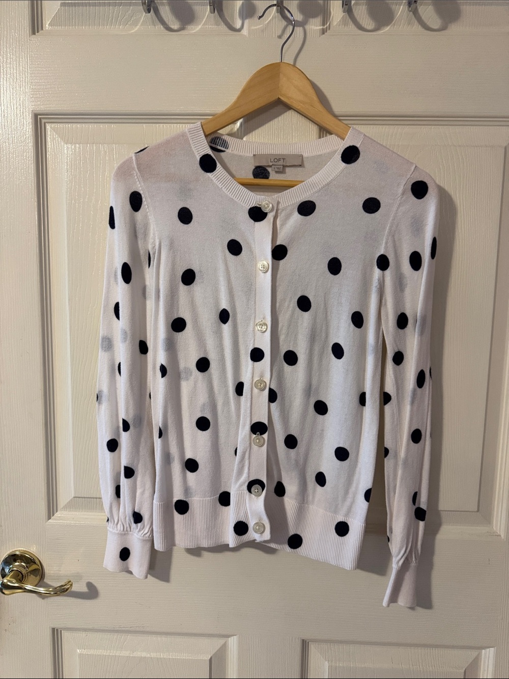 LOFT White Cardigan with Navy Polka Dots